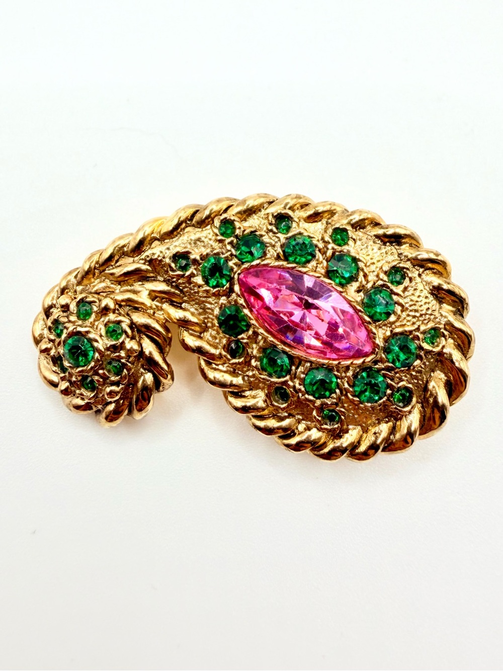 Vintage 80s 90s David Gray Gold Tone Pink Green Rhinestone Paisley Brooch